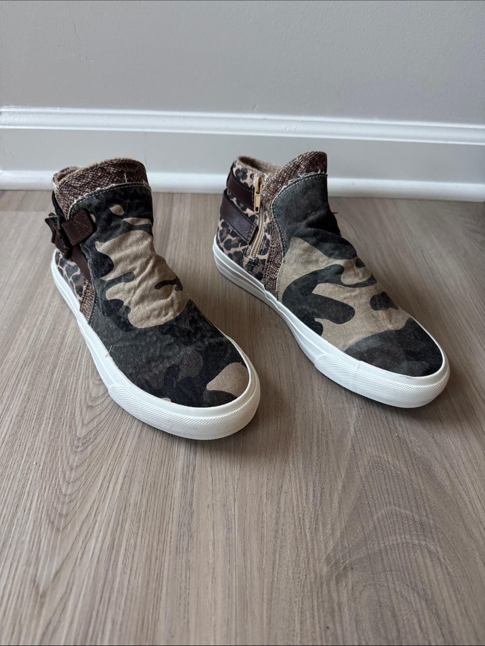 Blowfish Camo High-Top Booties in Brown and Green